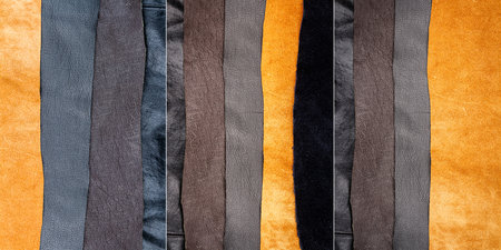 Collection of images with genuine brown and black leather textures background. Abstract vintage natural cow skins backdrop. Different leather stripes.の写真素材