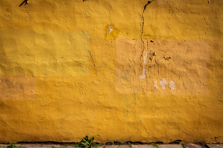 Old vibrant yellow street wall and pavementの写真素材