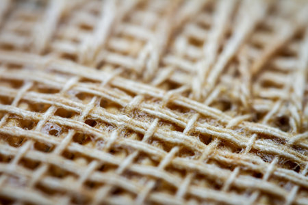 Extreme closeup of an old book from the side. Selective soft focus, shallow depth of field. Bibliophile, bookworm abstract background. Book binding detail.の写真素材