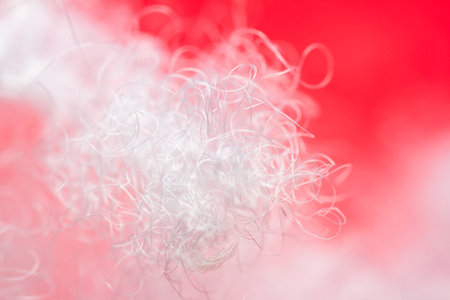 Extreme macro of polyester stable fiber on red background. Selective focus, shallow depth of field. Abstract dreamy backgroundの写真素材