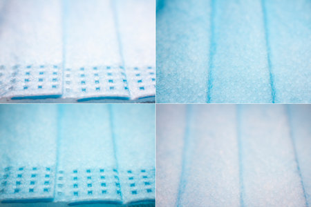 Collection of images with protective, disposable light blue face mask. Extreme close-up macro photography. Selective focus.の写真素材