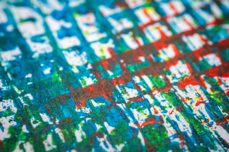 Extreme close up of colorful acrylic paint texture showing brush strokes. Selective focus.の写真素材
