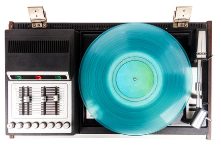 Vintage turntable record player with cyan vinyl isolated on white background.の写真素材