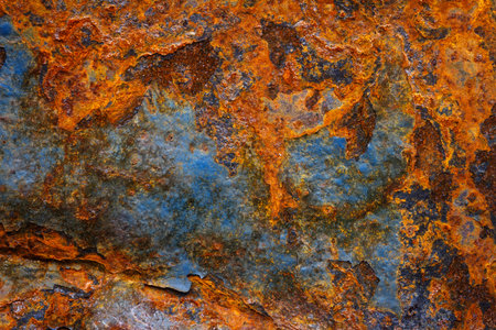 Rusty metal surface with shabby background paint. Blue cracked paint texture on an iron sheet....