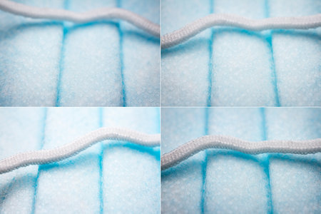 Collection of images with protective, disposable light blue face mask. Extreme close-up macro...