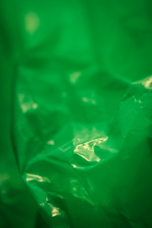 Extreme close up of green empty plastic bag background. The plastic surface is wrinkly and tattered...