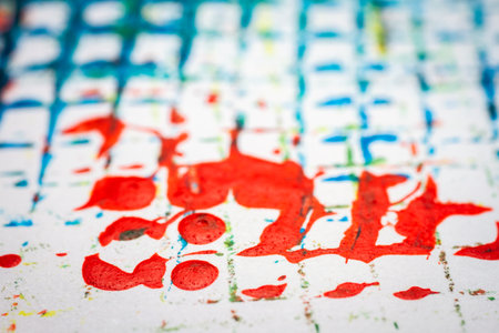 Extreme close up of colorful acrylic paint texture showing brush strokes. Selective focus.の写真素材
