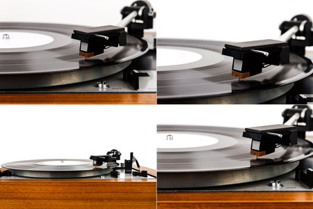 Collection of images with vintage stereo turntable vinyl record player isolated on white background
