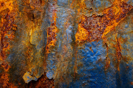 Rusty metal surface with shabby background paint. Blue cracked paint texture on an iron sheet....