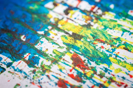 Extreme close up of colorful acrylic paint texture showing brush strokes. Selective focus.の写真素材