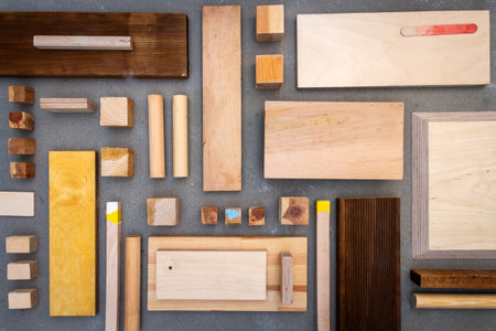 Flat lay of various wood and plywood pieces on concrete texture. Carpentry background.の写真素材