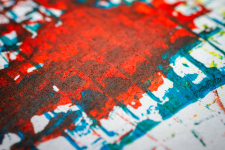 Extreme close up of colorful acrylic paint texture showing brush strokes. Selective focus.の写真素材