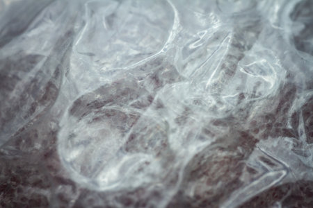 Extreme macro of plastic bubble wrap texture. Selective soft focus, shallow depth of field. Abstract dreamy backgroundの写真素材