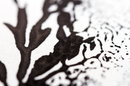 Extreme close up of black acrylic paint texture on paper. Selective focus.