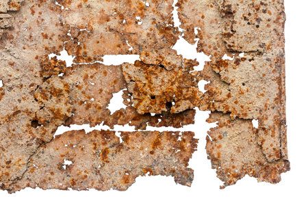Close up of old piece of rusty iron isolated on white background. Rusty metal surface. Very old...