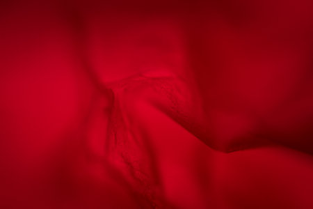 Extreme close up of red empty plastic bag background. The plastic surface is wrinkly and tattered making abstract pattern. Selective focus, shallow depth of field.の写真素材