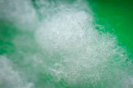 Extreme macro of polyester stable fiber on green background. Selective focus, shallow depth of field. Abstract dreamy backgroundの写真素材