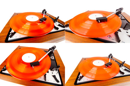 Collection of images with vintage stereo turntable vinyl record player isolated on white backgroundの写真素材