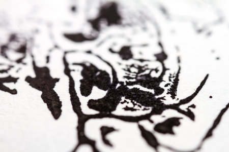 Extreme close up of black acrylic paint texture on paper. Selective focus.の写真素材