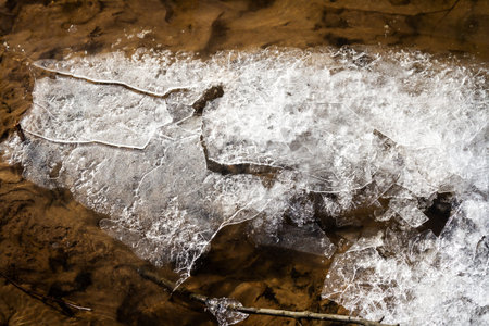 Winter ice background. Frozen water texture, macro view. Frost river close up, top view. Ice on flowing river.の写真素材