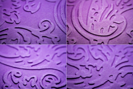 Collection of images with extreme macro of embossed purple paper. Selective focus, shallow depth of...