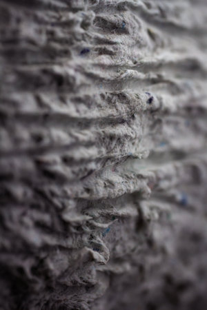 Extreme close up of old gray handmade paper clay with a structure and rough texture. Paper...