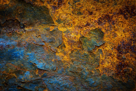 Rusty metal surface with shabby background paint. Blue cracked paint texture on an iron sheet....