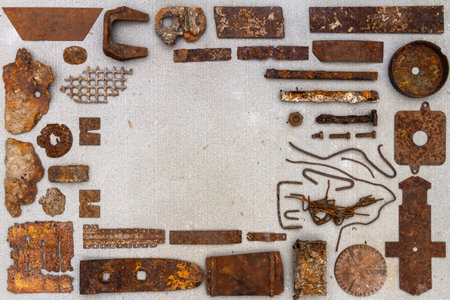 A group of various old rusty bits and pieces arranged on a concrete surface. Old rusty nuts, bolts, nails and other parts flay lay on gray background.の写真素材