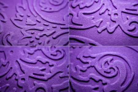 Collection of images with extreme macro of embossed purple paper. Selective focus, shallow depth of field.の写真素材