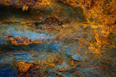 Rusty metal surface with shabby background paint. Blue cracked paint texture on an iron sheet....