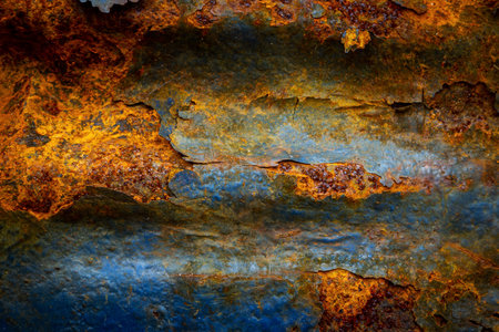 Rusty metal surface with shabby background paint. Blue cracked paint texture on an iron sheet. Fragment of an old metal door, Metal corrosion.の写真素材