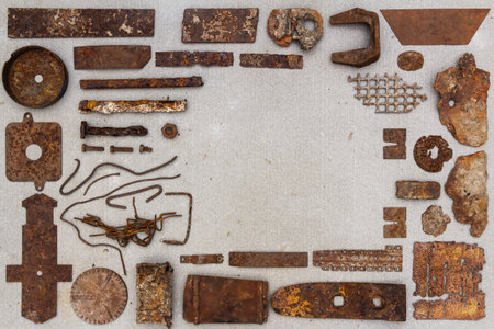 A group of various old rusty bits and pieces arranged on a concrete surface. Old rusty nuts, bolts, nails and other parts flay lay on gray background.の写真素材