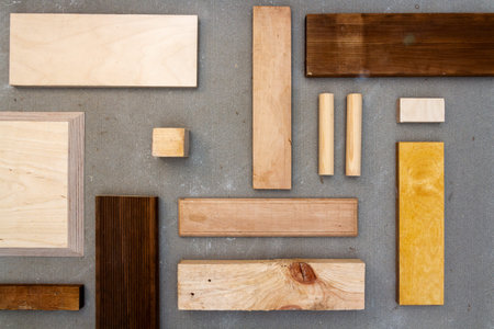 Flat lay of various wood and plywood pieces on concrete texture. Carpentry background.
