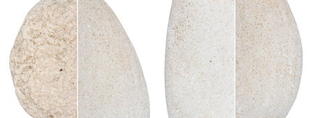 Collection of natural stone textures isolated on white background. Uneven edges. Composite image of pebble texturesの写真素材