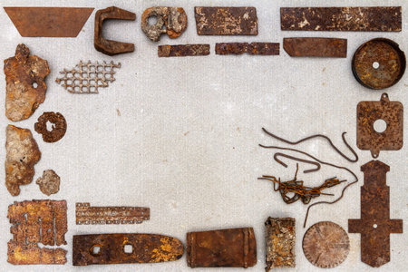 A group of various old rusty bits and pieces arranged on a concrete surface. Old rusty nuts, bolts,...