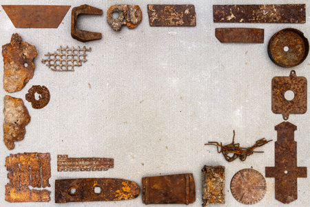 A group of various old rusty bits and pieces arranged on a concrete surface. Old rusty nuts, bolts, nails and other parts flay lay on gray background.