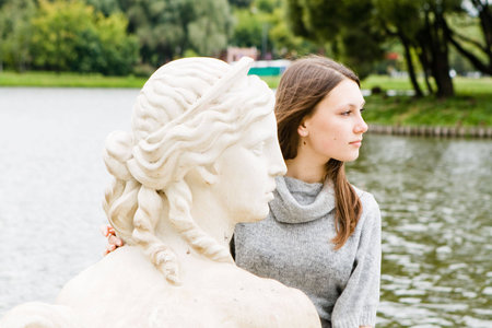 closeup of a brunette in the parkの写真素材