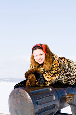 closeup of a brunette in a winter day outside in the parkの写真素材