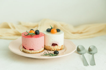 Pink and white pastry in a plate on the tableの写真素材