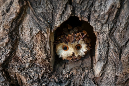 Little owl in a hole in a tree. Close-up.の写真素材
