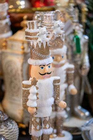 Christmas decorations on the street market. Selective focus.