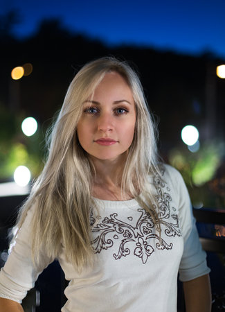 Evening close up portrait of beautiful blonde modelの写真素材