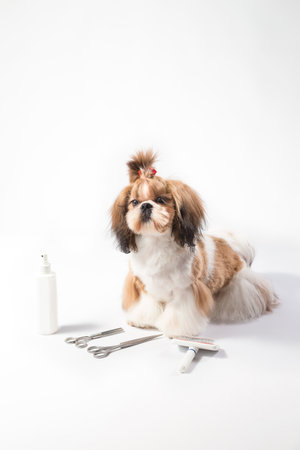 Ideal Shih-tzu beauty grooming puppy - isolated on whiteの写真素材