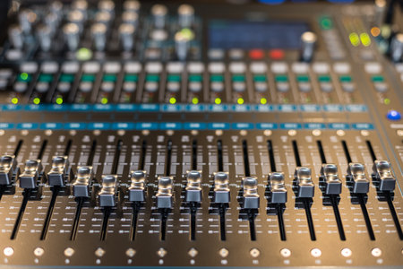 Large panel of the Hi-End stage controller with touch screens - closeup background