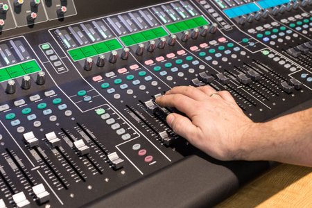 Large panel of the Hi-End stage controller with touch screens - closeup backgroundの写真素材