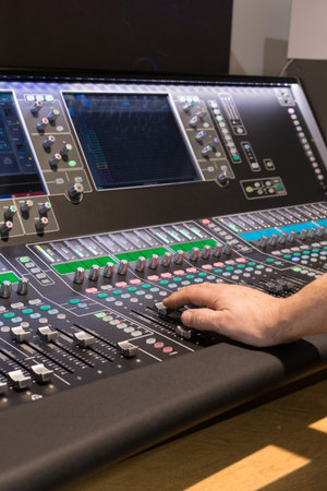 Large panel of the Hi-End stage controller with touch screens - closeup background
