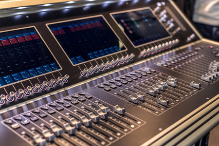 Large panel of the Hi-End stage controller with touch screens - closeup backgroundの写真素材