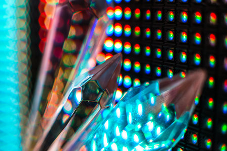 Bright colored stone crystals on the LED wall background  - close-up macro photoの写真素材