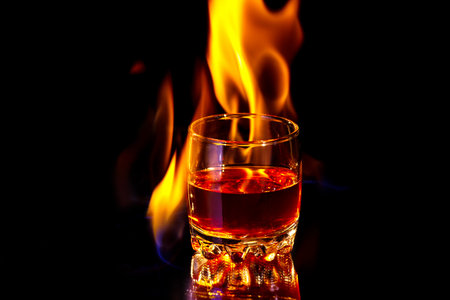 Whiskey glass at the table with the burning fire flames - really hot drink. Art close-up photo on...