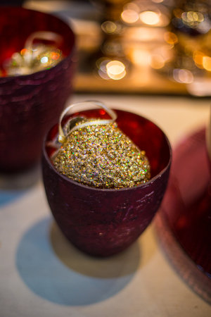 Abstract unfocused backgrounds with Christmas decorations with led light bokeh - close-up photo.の写真素材